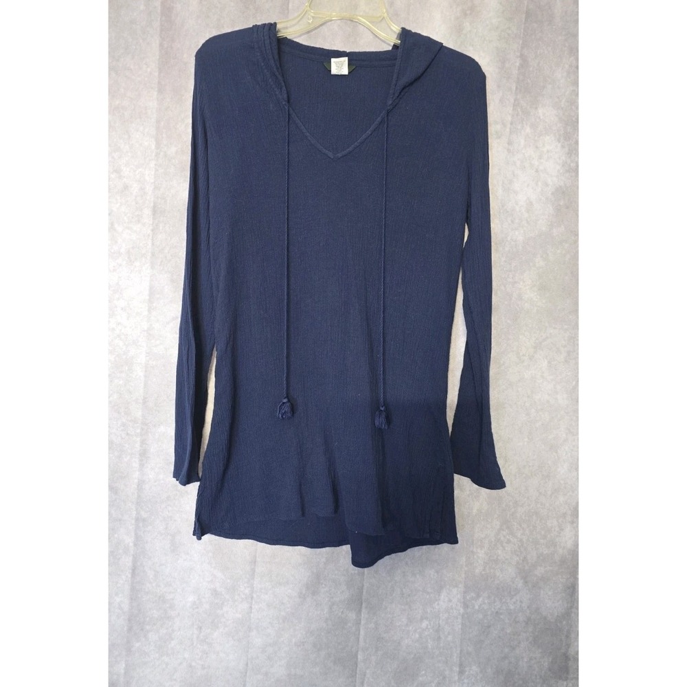 J Crew Navy Blue Waffle Knit Pull Over Hoodie Tassels Lightweight Size S